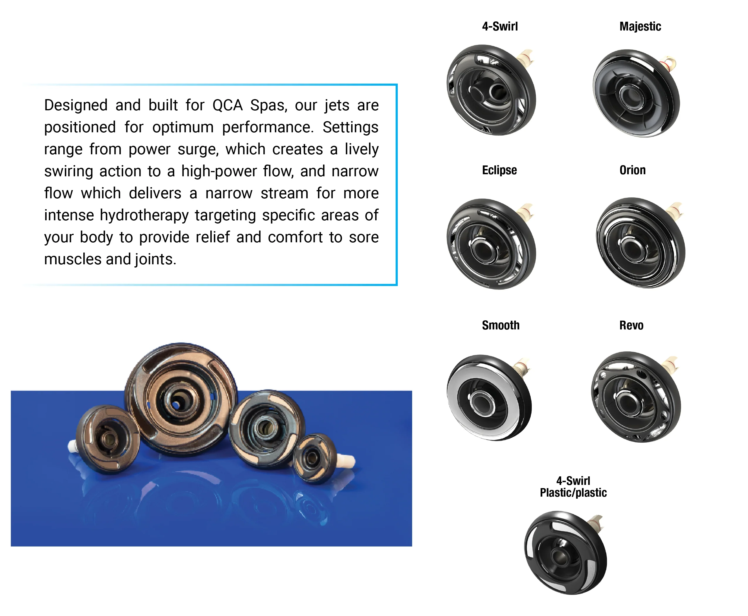 QCA Spas jet styles: 4-Swirl, Majestic, Eclipse, Orion, Smooth, Revo and 4-Swirl Plastic