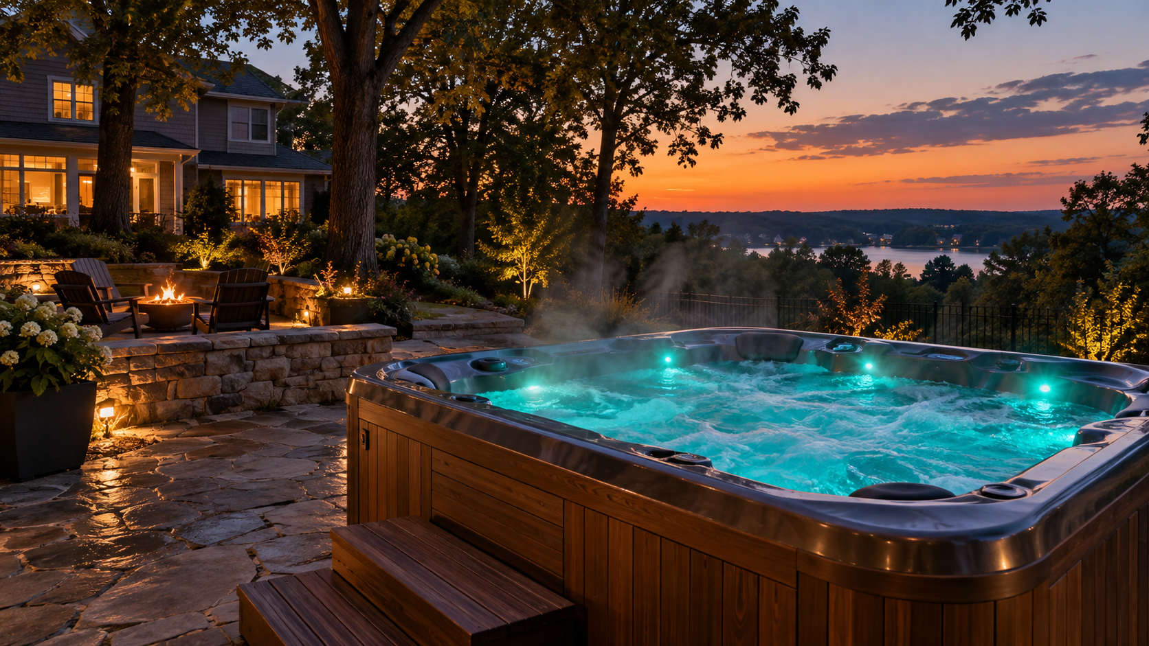 A QCA spa glowing at dusk in a backyard