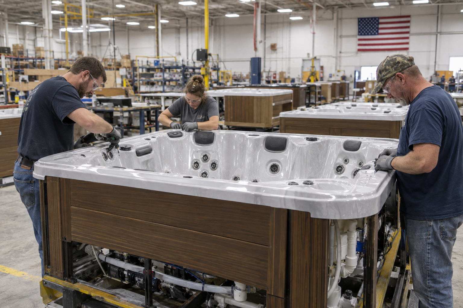 Spa shells being assembled at the QCA Spas factory in Iowa