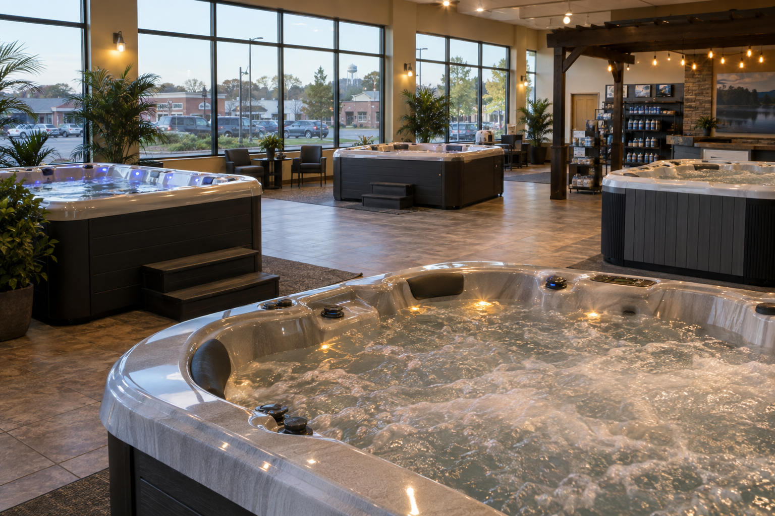 Inside a QCA Spas showroom with spas on display