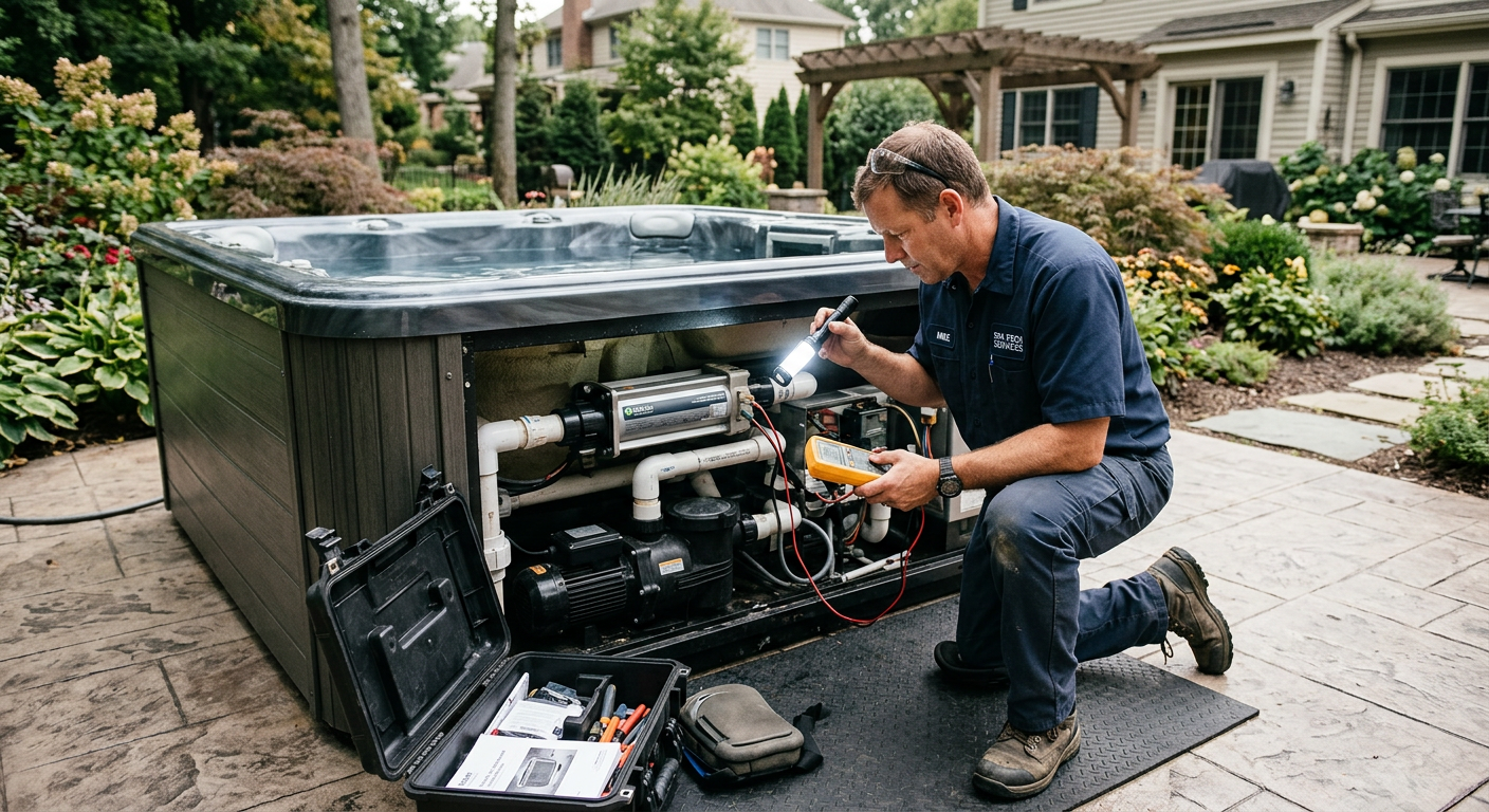 Technician inspecting a hot tub pump and heater