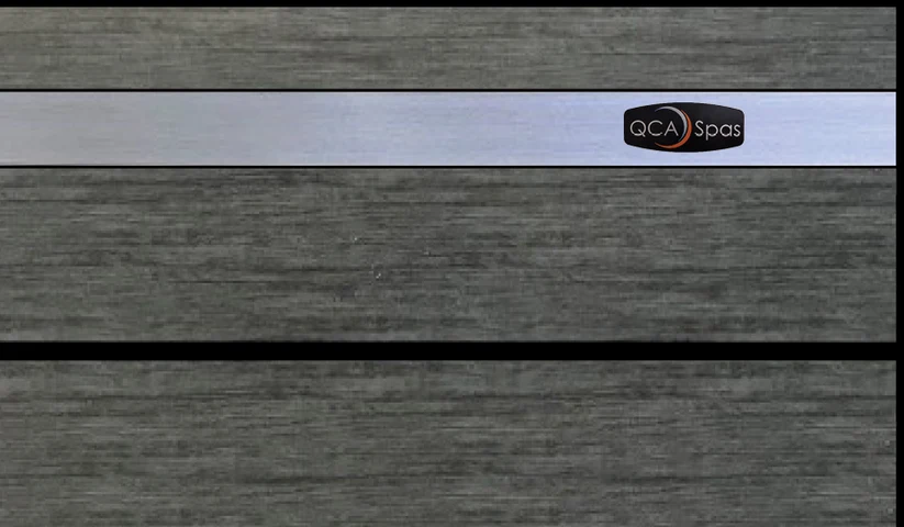 Eclipse Gray horizontal-slat cabinet sample with brushed steel QCA Spas band