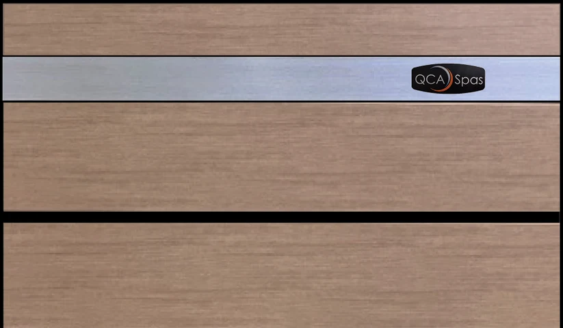 Sandstone horizontal-slat cabinet sample with brushed steel QCA Spas band