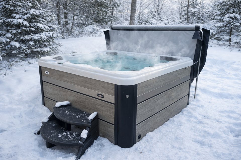 Jewel Series spa with the horizontal-slat Eclipse Gray cabinet and black corner posts, steaming in a snowy forest